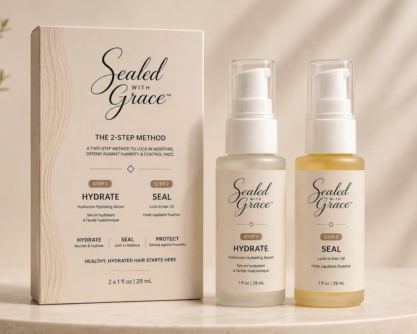 Sealed With Grace 2-Step Method box with Hydrate serum and Seal hair oil bottles